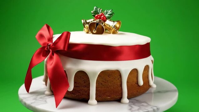 Festive Christmas fruitcake adorned with icing and a red bow, ready for holiday celebrations.