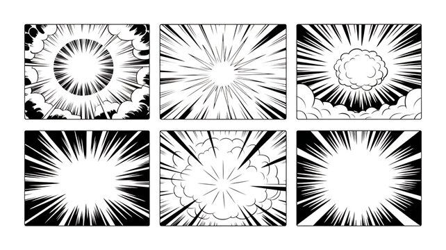Six comic book style explosion or starburst graphics with clouds on black background illustration PNG Design on Transparent Background - Powered by Adobe
