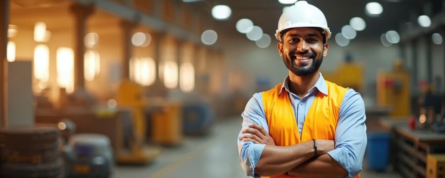 Confident indian man smiles with crossed arms in factory. Engineer wears helmet, uniform, orange vest. Positive employee stands in manufacturing shop at facility. Supervisor at metal production