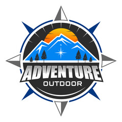 Adventure Outdoor Compass Logo with Mountains and Sunset.