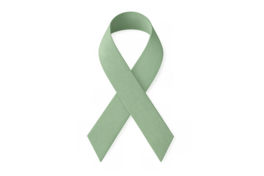 Green awareness ribbon symbolizing mental health support, anxiety awareness, and chronic illness advocacy on transparent background