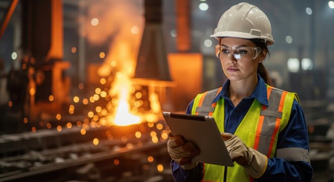 Female industrial engineer in safety uniform — inspecting metal production line with tablet, highlighting expertise and precision