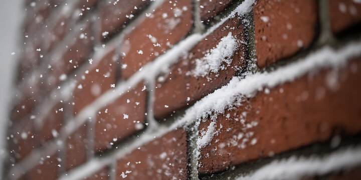 A captivating macro shot reveals snow gently collecting on a weathered brick wall. The cool, white snow beautifully contrasts with the warm, red bricks. Winter's touch. - Powered by Adobe