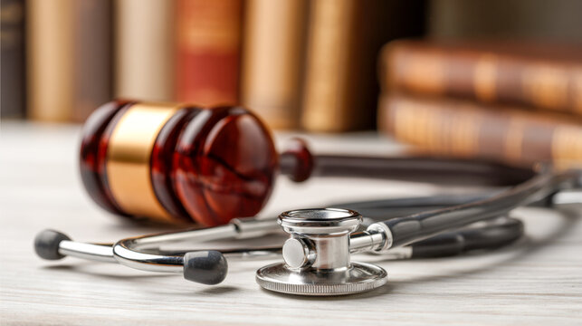 A wooden judge gavel and metal stethoscope resting on a table in front of law books symbolizing the intersection of law and healthcare industries or medical justice conce