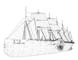 A detailed 3D wireframe model of a pirate ship features intricate masts, sails, and a realistic hull design.