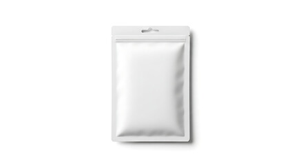 Top view of a blank white plastic pouch package mockup with a zip lock, isolated on a white background for product branding and design presentation