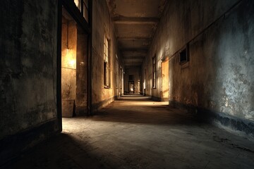 Fototapeta premium Deep perspective reveals long, decaying corridor illuminated by shafts of natural light from windows