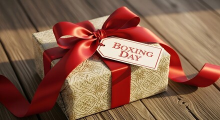 A beautifully wrapped gift box with a large red ribbon and a tag that says boxing day, symbolizing holiday sales and special offers