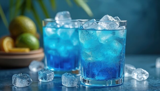 Two glasses of bright blue drink with ice cubes on table. Fresh limes, lemons, citrus slices in bowl behind. Cool refreshing beverage great for summer party fun gathering. Scattered ice cubes add