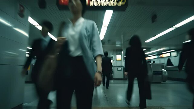 A woman walks briskly through a busy subway station, surrounded by men in suits walking purposefully as well. The bright lights above illuminate the scene, adding energy to the atm