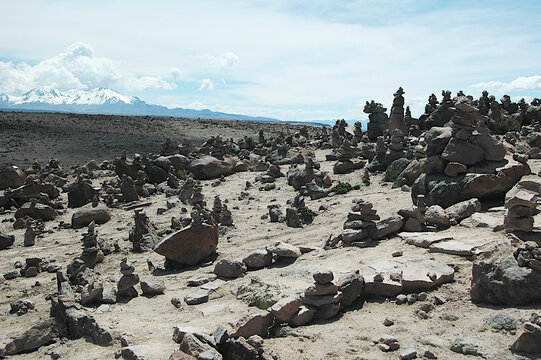 Apachetas Stone Offerings at Abra Patapampa Pass &mdash; Sacred Highland Rituals in the Andes between Arequipa and Chivay, Peru