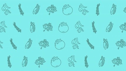 Seamless pattern of outline vegetables on a turquoise background, featuring fresh produce in a repeating design for culinary or decorative use