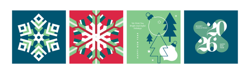 Fototapeta na wymiar Merry Christmas and Happy New Year greeting cards. Vector illustration templates for holiday greeting card, background, website and social media banner, marketing material.