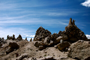 Apachetas Stone Offerings at Abra Patapampa Pass &mdash; Sacred Highland Rituals in the Andes between Arequipa and Chivay, Peru