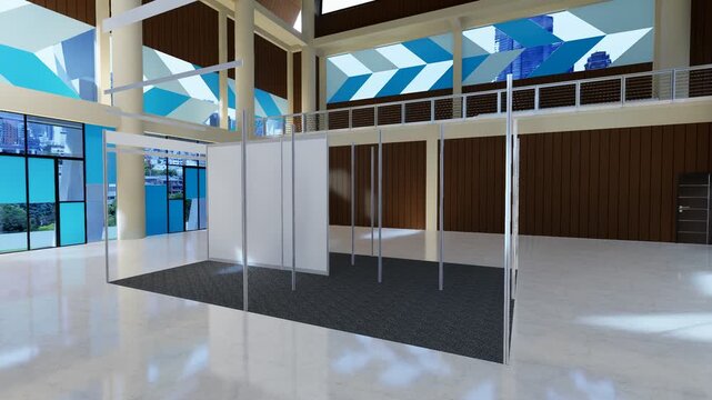 3D animation of exhibition booth phasing build-up. Modern trade show booth setup visualization showing frame, wall panels, and lighting structure in clean minimal indoor hall environment.