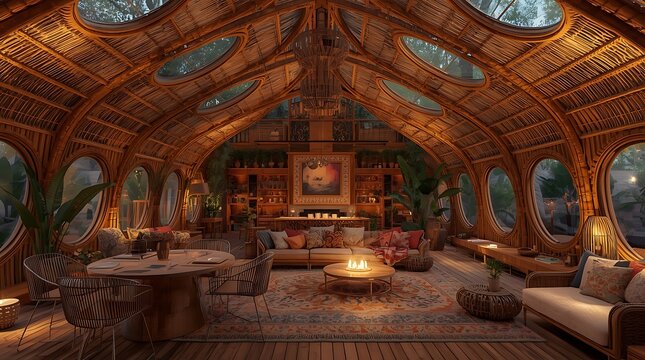 Exotic bohemian living room with a vaulted bamboo ceiling and cozy fireplace