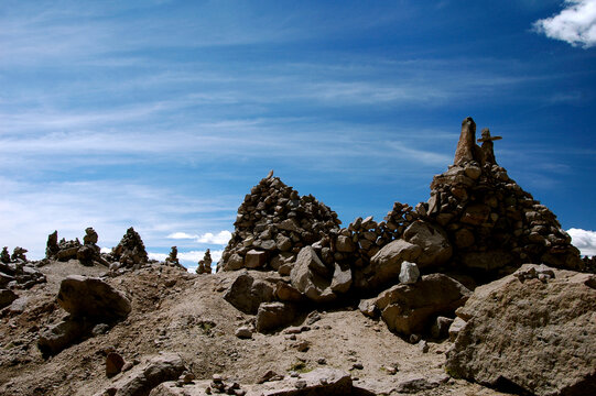 Apachetas Stone Offerings at Abra Patapampa Pass &mdash; Sacred Highland Rituals in the Andes between Arequipa and Chivay, Peru