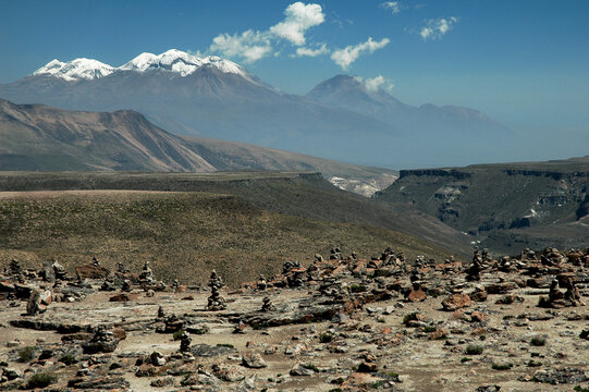 Apachetas Stone Offerings at Abra Patapampa Pass &mdash; Sacred Highland Rituals in the Andes between Arequipa and Chivay, Peru