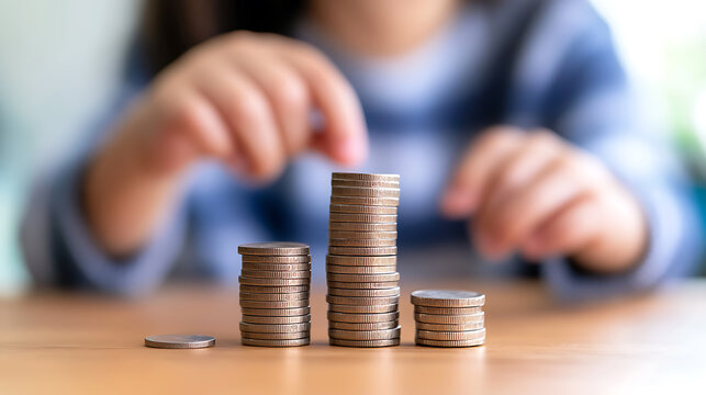 A child is counting coins and sorting them into piles. The stacks get progressively larger, showing growth in funds. Teaching finance basics and concepts to children.