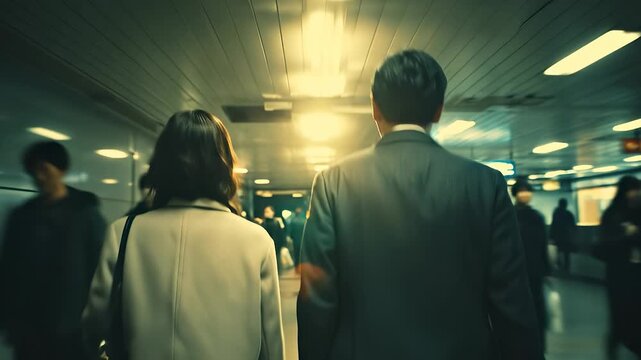 A woman and a man walk side by side through a bustling subway station, illuminated by bright sunlight at the end of the corridor. The scene captures the energy of the crowd and urb