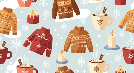 Cozy winter vibes with sweaters, steaming mugs, and glowing candles, perfect for festive holiday designs and seasonal promotions, originally a scalable vector