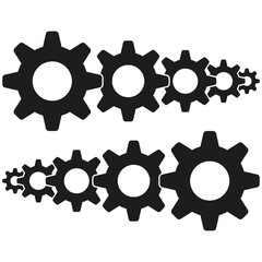 Black gear illustration. Machine cog Vector. Mechanical parts elements. Industrial icon symbol.