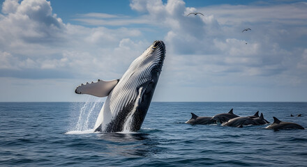 Obraz premium Majestic humpback whale breaches dramatically with pod of dolphins swimming nearby under a cloudy sky