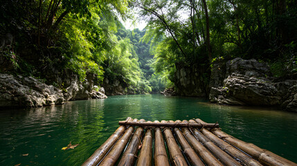 Fototapeta premium Serene Bamboo Raft Journey Navigating Calm Waters Through Lush Green Wilderness
