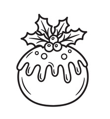 A Christmas pudding outline is decorated with holly and sugar drizzle on a white background