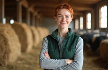 Obraz premium Smiling woman in green vest stands arms crossed in a barn. She works on dairy farm. Farm worker poses looking at the camera. Agriculture, cattle, animal husbandry.