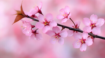 Naklejka premium Delicate Cherry Blossom Branch with Water Droplets, A Symbol of Spring's Fleeting Beauty