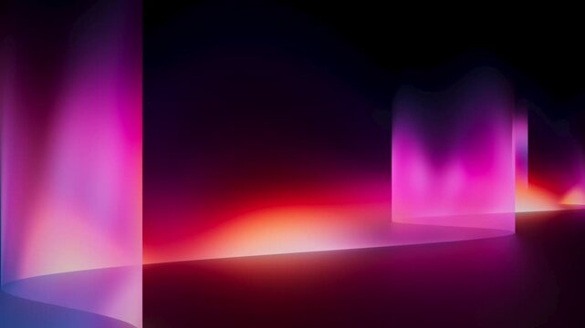 Modern color laser pillars and neon windows bathe the floor in warm and cool aurora-style gradients, looping seamlessly. 3D render animation.
