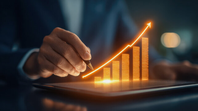 Businessman using digital tablet and stylus to create glowing financial chart with upward trend in dark office representing growth and success concepts - Powered by Adobe