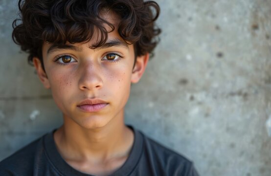 Young arab boy close up headshot near wall. Teen has thoughtful, calm face expression with brown eyes and curly hair. Youth wears casual clothes in summer, looks happy.
