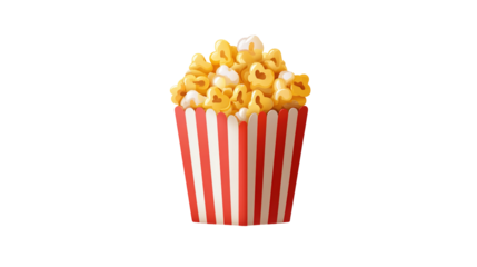 Caramel cinema popcorn bowl without background, sweet tasty popcorn red striped carton bucket box isolated on white background.