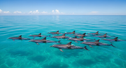 Graceful pod of dolphins swimming together in crystal clear turquoise ocean water under a bright blue sky