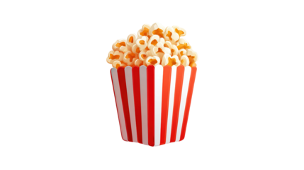 Caramel cinema popcorn bowl without background, sweet tasty popcorn red striped carton bucket box isolated on white background.