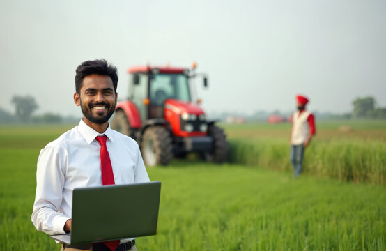 Young Indian pro stands in green farm field, holding laptop. Smiles, wearing shirt, red tie. Modern red tractor, farmer in background. Shows tech innovation in agriculture, promoting smart digital