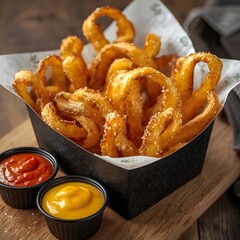 Close-up of a serving of breaded onion rings with sauce
