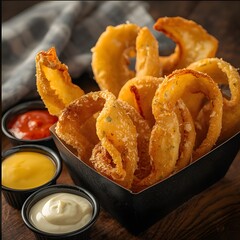 Close-up of a serving of breaded onion rings with sauce