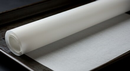 Close-up of a roll of parchment paper on a baking sheet.