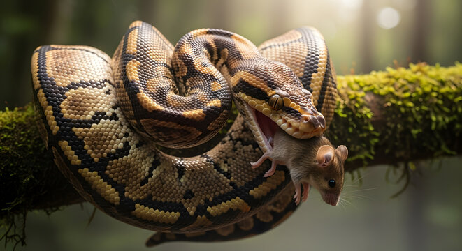 Intense python coils around small mouse on mossy branch, capturing raw survival in nature's drama