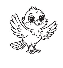 Cute cheerful outlined cartoon bird is flapping its wings happily on transparent background, kids’ coloring pages, kids, coloring, pages,