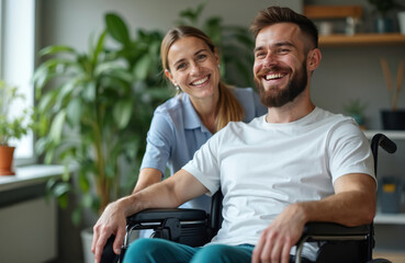 Man, woman share joyful moment in rehabilitation setting. Physical therapist supports patient in wheelchair, conveying hope, recovery. Image represents resilience strength, positive outcomes within