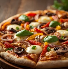 Close-up of a delicious pizza on a wooden table