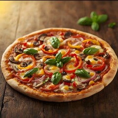 Close-up of a delicious pizza on a wooden table