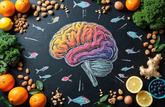 Colorful chalk drawn human brain highlights healthy nutrition. Dark background shows diverse foods oranges lemons kale broccoli nuts fish blueberries eggs ginger. Nutrient rich items boost cognitive