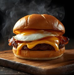Close-up of a burger with bacon, egg and melted cheese