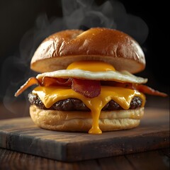 Close-up of a burger with bacon, egg and melted cheese