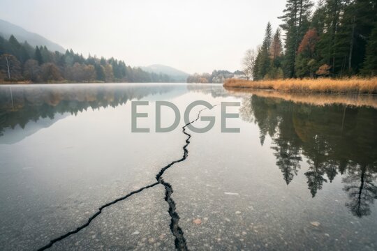 Conceptual image of a crack extending across a calm lake